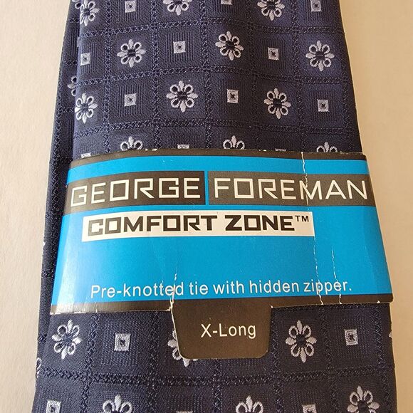 George Foreman X-Long Tie Navy w/ Squares & Flowers - 100% Silk NWT - Picture 3 of 5